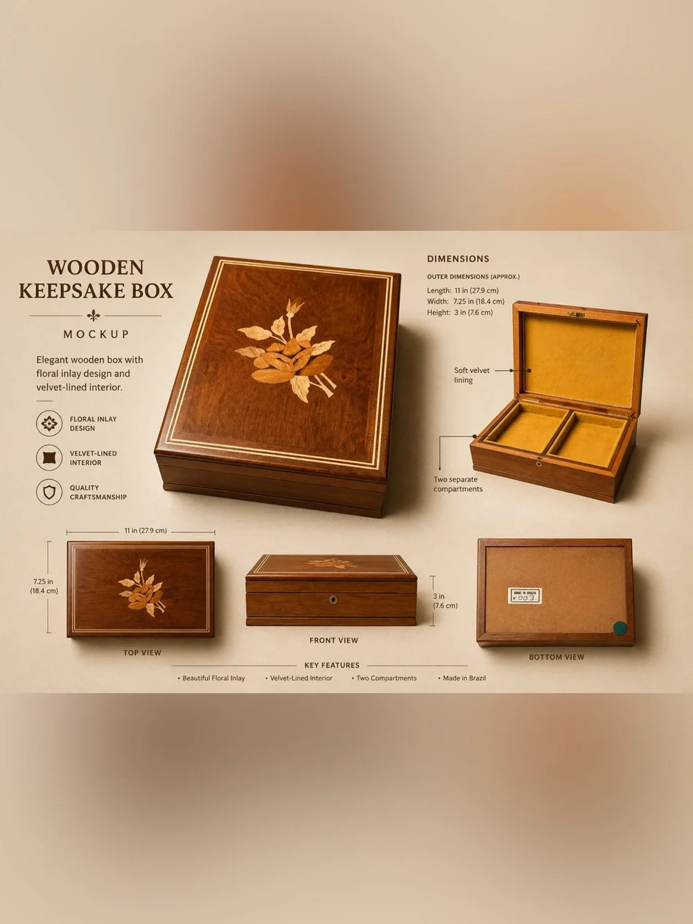 Vintage Brazilian Marquetry Jewelry Box Floral Wood Inlay Velvet‎ Lined